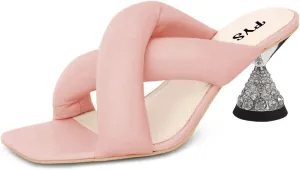 FYS Women Comfortable Cross Strap Rhinestone Kitten Heel Mules Square Open Toe Slip On Sandals Slides Slippers Summer Dress Party Prom Backless Shoes Size 4-15 US
