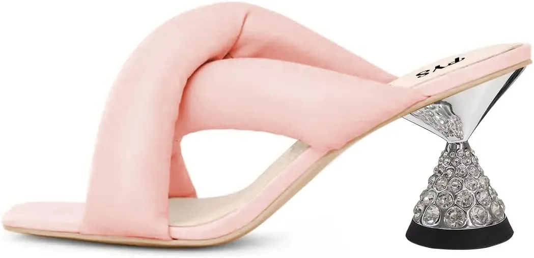 FYS Women Comfortable Cross Strap Rhinestone Kitten Heel Mules Square Open Toe Slip On Sandals Slides Slippers Summer Dress Party Prom Backless Shoes Size 4-15 US