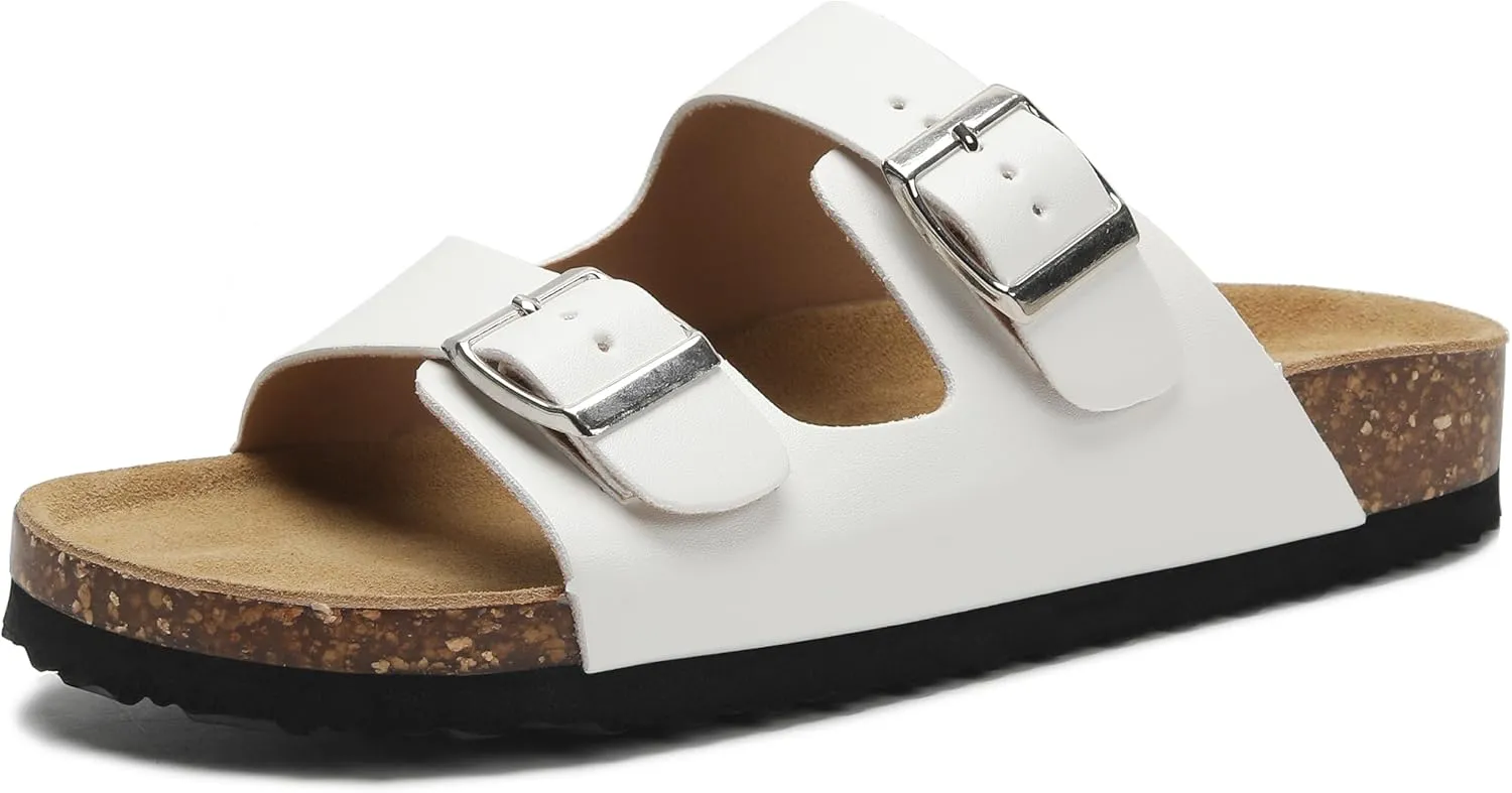Genuine Leather Cork Footbed Sandals with Arch Support Women Men's Flat Slip Slippers with Adjustable Double Buckle Beach Sandal Memory Foam Slides Open Toe Slipper for Summer Vacation