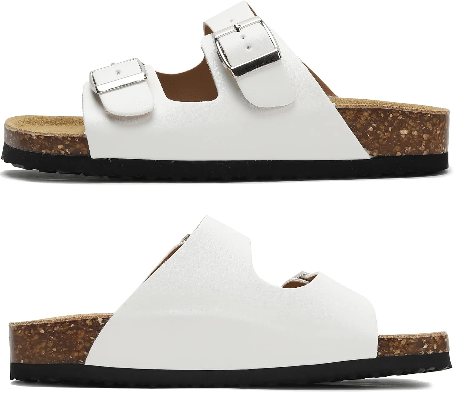 Genuine Leather Cork Footbed Sandals with Arch Support Women Men's Flat Slip Slippers with Adjustable Double Buckle Beach Sandal Memory Foam Slides Open Toe Slipper for Summer Vacation