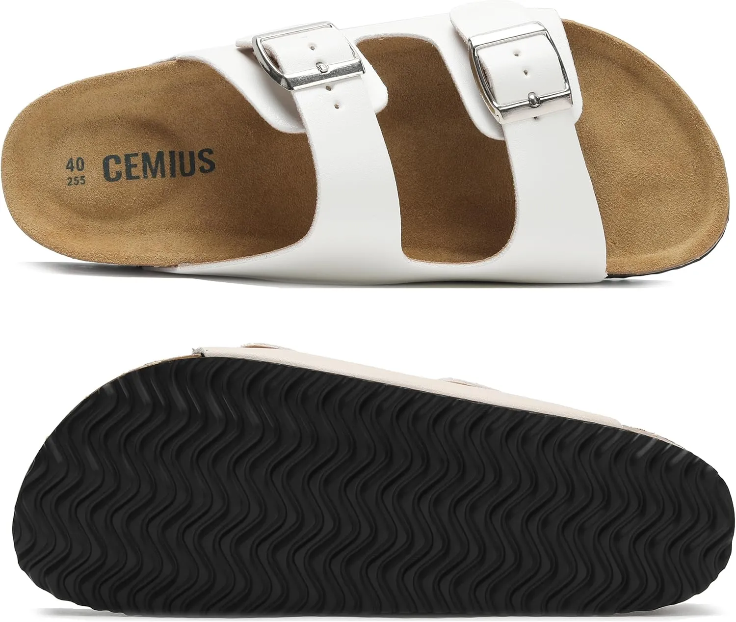 Genuine Leather Cork Footbed Sandals with Arch Support Women Men's Flat Slip Slippers with Adjustable Double Buckle Beach Sandal Memory Foam Slides Open Toe Slipper for Summer Vacation