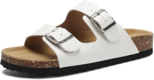 Genuine Leather Cork Footbed Sandals with Arch Support Women Men's Flat Slip Slippers with Adjustable Double Buckle Beach Sandal Memory Foam Slides Open Toe Slipper for Summer Vacation