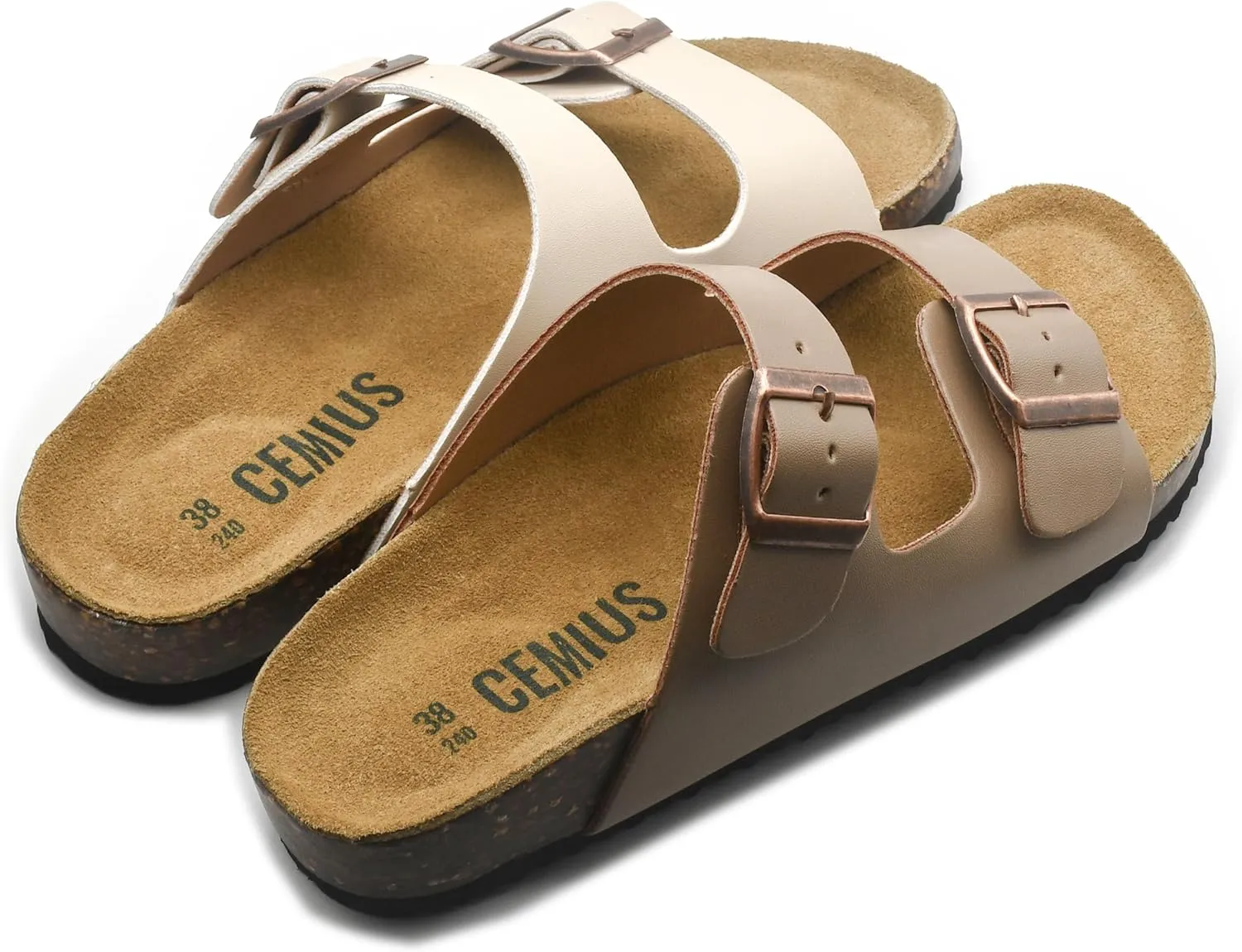 Genuine Leather Cork Footbed Sandals with Arch Support Women Men's Flat Slip Slippers with Adjustable Double Buckle Beach Sandal Memory Foam Slides Open Toe Slipper for Summer Vacation