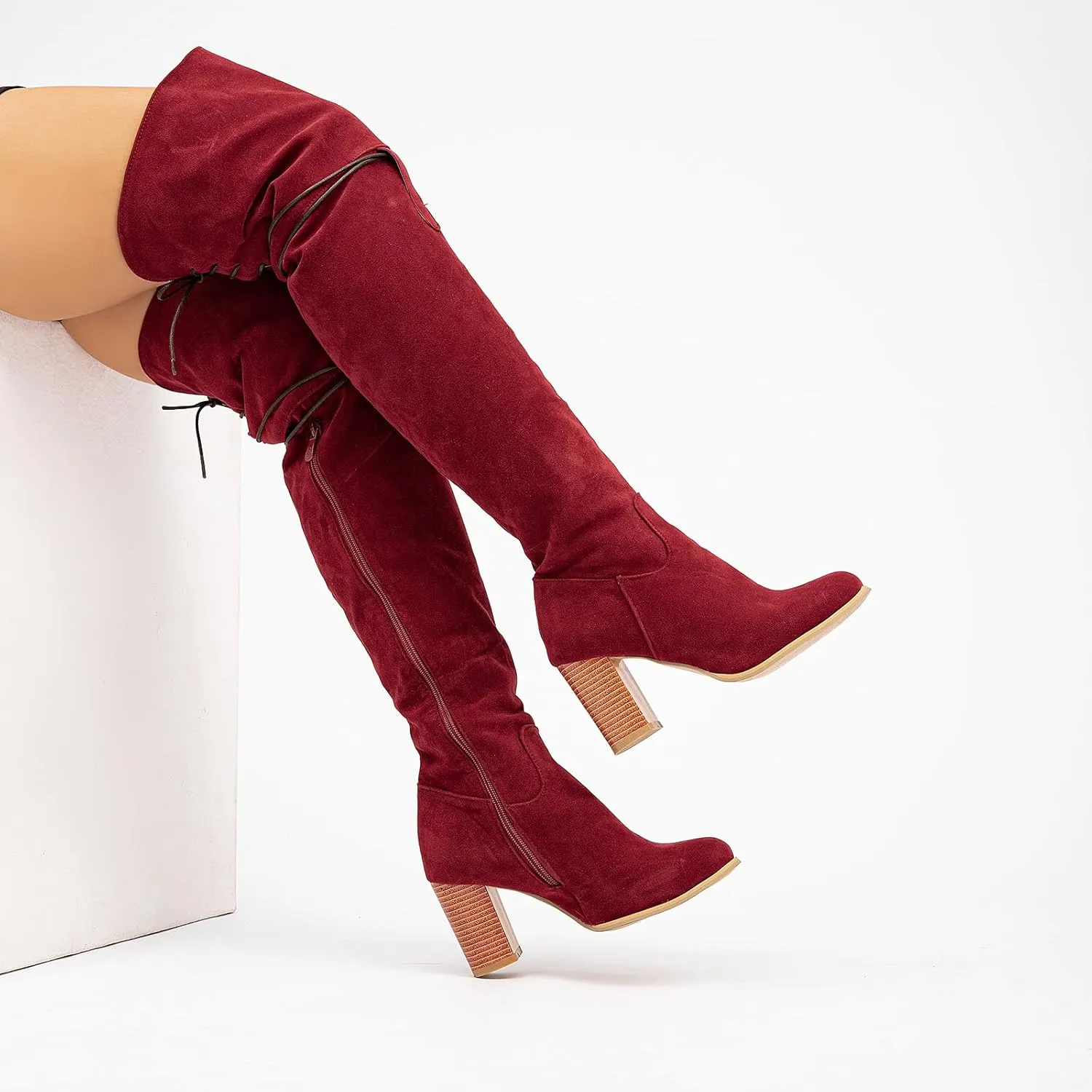 getmorebeauty Women's Over The Knee Thigh High Chunky Heel Boots Side Zipper Suede Lace-up Long Stretch Sexy Winter Boots Shoes
