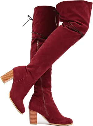 getmorebeauty Women's Over The Knee Thigh High Chunky Heel Boots Side Zipper Suede Lace-up Long Stretch Sexy Winter Boots Shoes