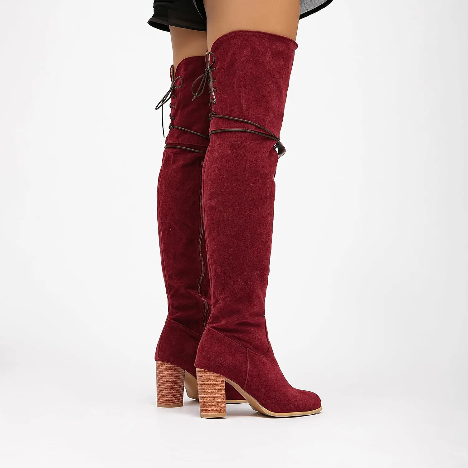 getmorebeauty Women's Over The Knee Thigh High Chunky Heel Boots Side Zipper Suede Lace-up Long Stretch Sexy Winter Boots Shoes