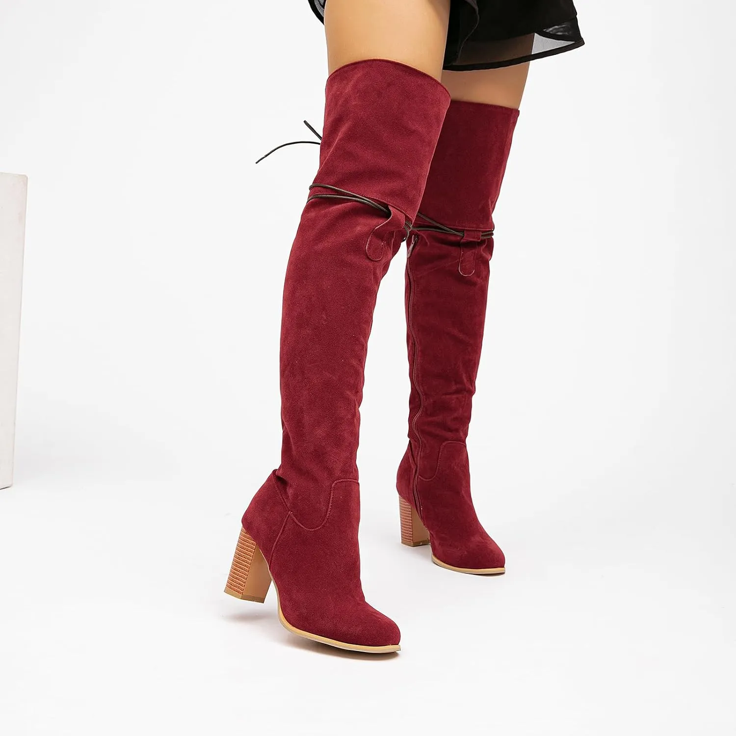 getmorebeauty Women's Over The Knee Thigh High Chunky Heel Boots Side Zipper Suede Lace-up Long Stretch Sexy Winter Boots Shoes