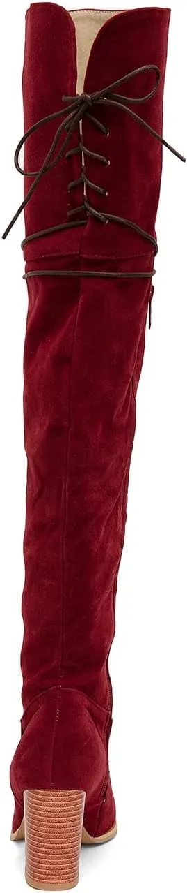 getmorebeauty Women's Over The Knee Thigh High Chunky Heel Boots Side Zipper Suede Lace-up Long Stretch Sexy Winter Boots Shoes