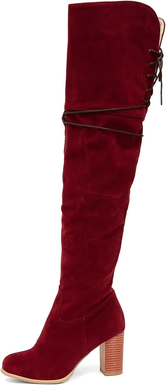 getmorebeauty Women's Over The Knee Thigh High Chunky Heel Boots Side Zipper Suede Lace-up Long Stretch Sexy Winter Boots Shoes