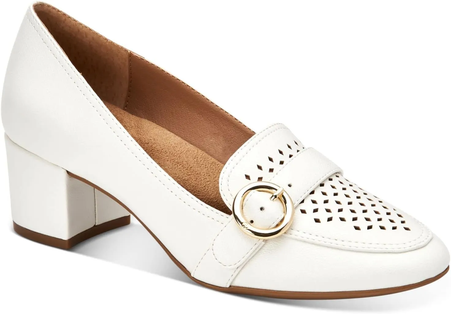 Giani Bernini Womens White Cushioned Buckle Accent Perforated Inndee Round Toe Block Heel Slip On Loafers Shoes 9 M
