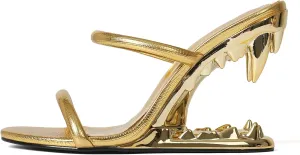 Goiphrri Wedge Sandals for Women Strappy Heels Round Open Toe Heels Metallic Shark Tiger Teeth heeled Sandals Flip Flops Thong Womens Mules Slip on Party Dress Wedding Ceremony