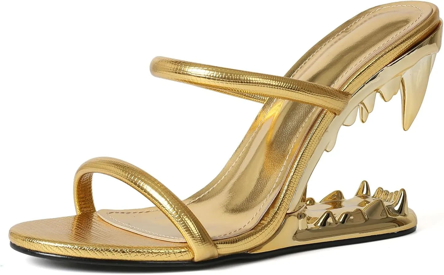 Goiphrri Wedge Sandals for Women Strappy Heels Round Open Toe Heels Metallic Shark Tiger Teeth heeled Sandals Flip Flops Thong Womens Mules Slip on Party Dress Wedding Ceremony