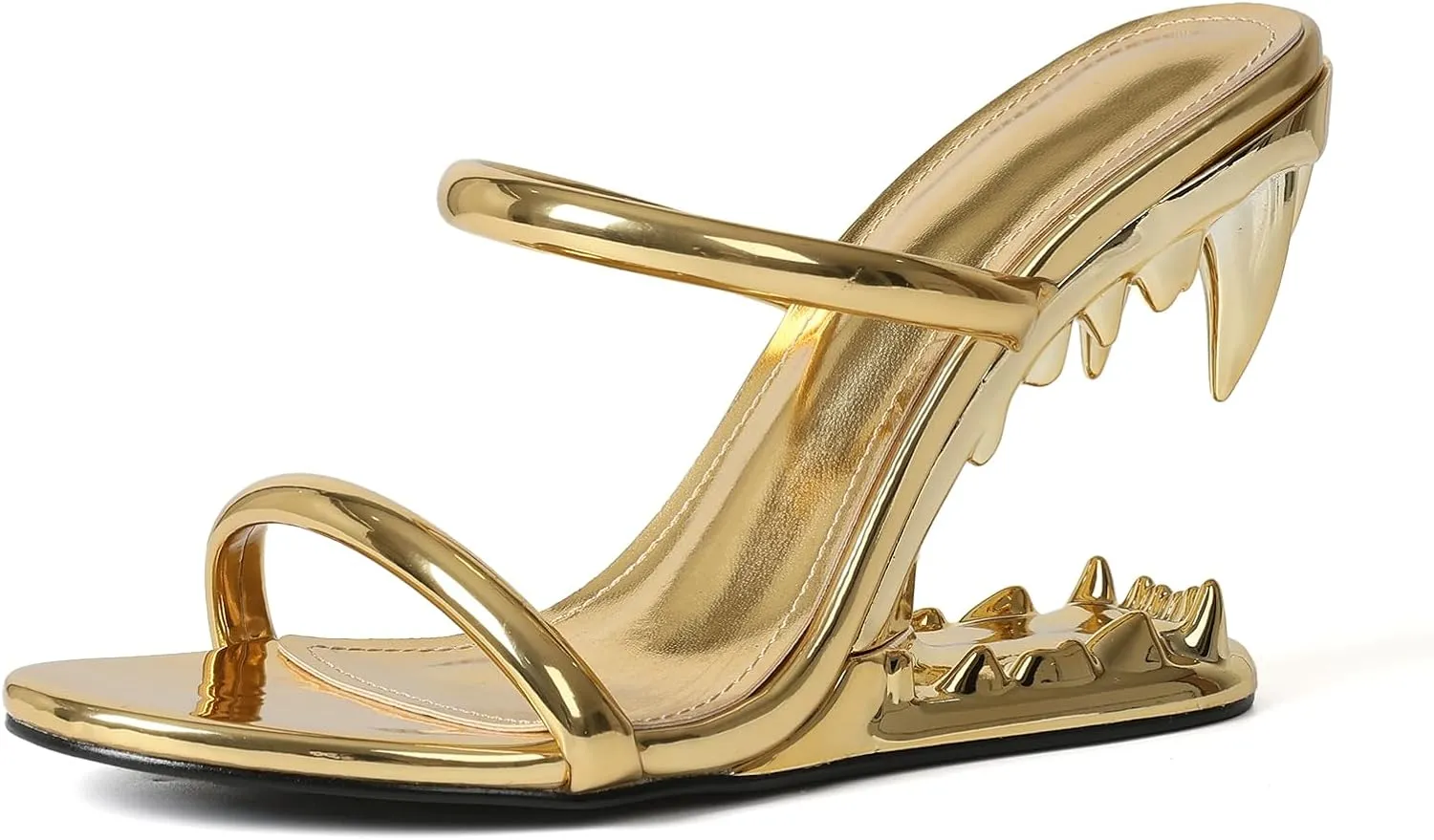 Goiphrri Wedge Sandals for Women Strappy Heels Round Open Toe Heels Metallic Shark Tiger Teeth heeled Sandals Flip Flops Thong Womens Mules Slip on Party Dress Wedding Ceremony