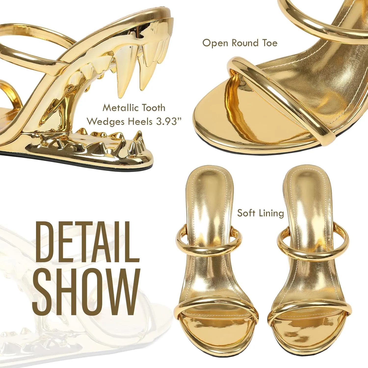 Goiphrri Wedge Sandals for Women Strappy Heels Round Open Toe Heels Metallic Shark Tiger Teeth heeled Sandals Flip Flops Thong Womens Mules Slip on Party Dress Wedding Ceremony