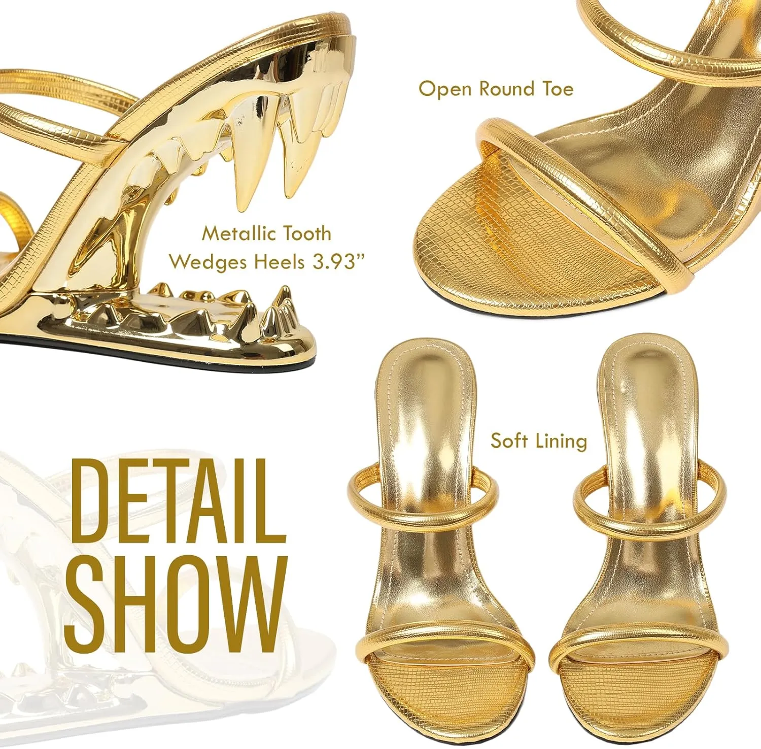 Goiphrri Wedge Sandals for Women Strappy Heels Round Open Toe Heels Metallic Shark Tiger Teeth heeled Sandals Flip Flops Thong Womens Mules Slip on Party Dress Wedding Ceremony