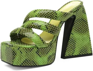 Goolita Summer Chunky Heel Platform Sandals For Women Snakeskin Square Toe Heeled Sandals Slip on Sexy Backless Mule Heeled Slides