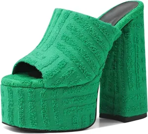 Goolita Summer Chunky Heel Platform Sandals For Women Suede Open Toe Slip on Heeled Sandals Sexy Backless Mule Heeled Slides