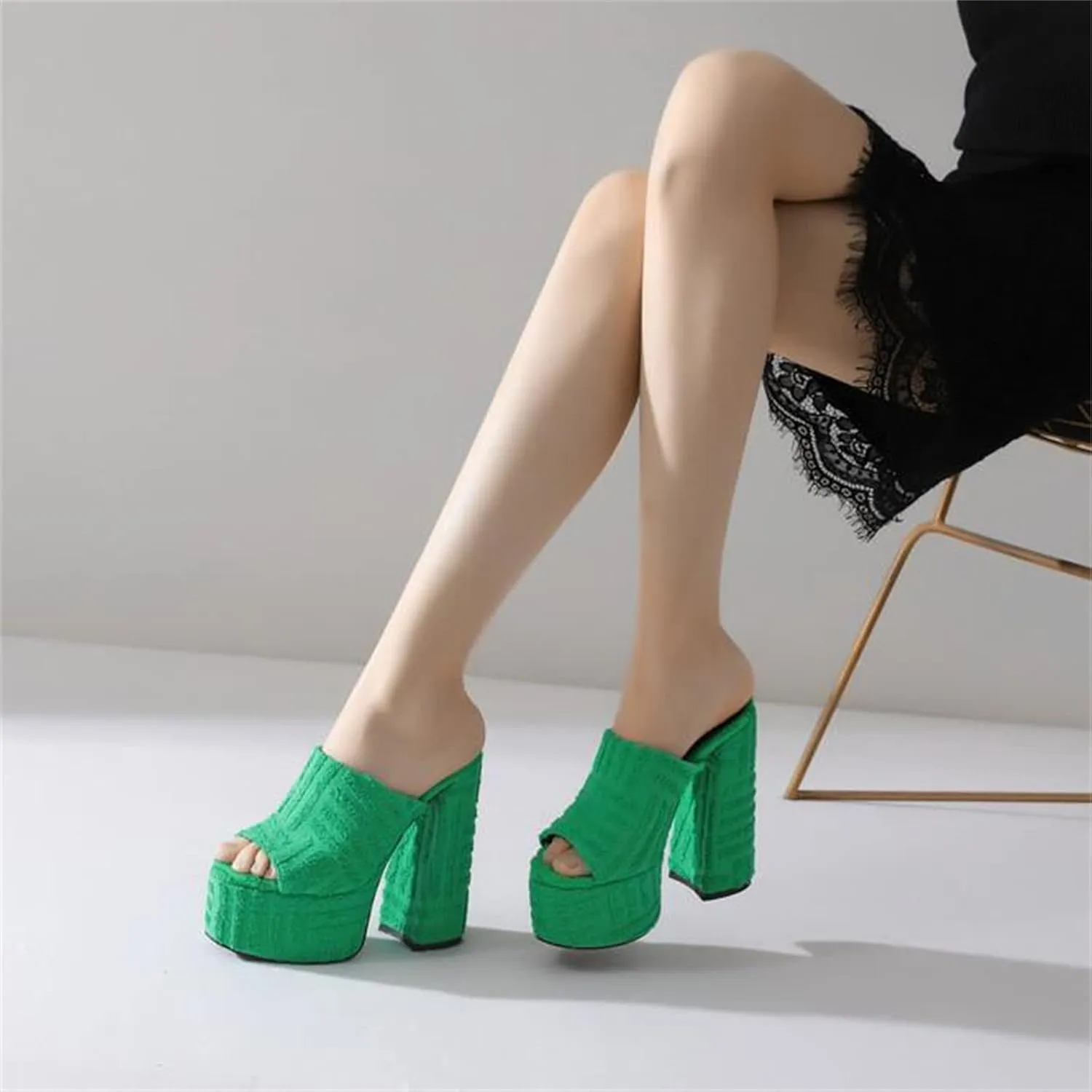 Goolita Summer Chunky Heel Platform Sandals For Women Suede Open Toe Slip on Heeled Sandals Sexy Backless Mule Heeled Slides