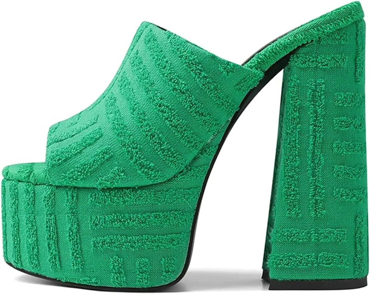 Goolita Summer Chunky Heel Platform Sandals For Women Suede Open Toe Slip on Heeled Sandals Sexy Backless Mule Heeled Slides
