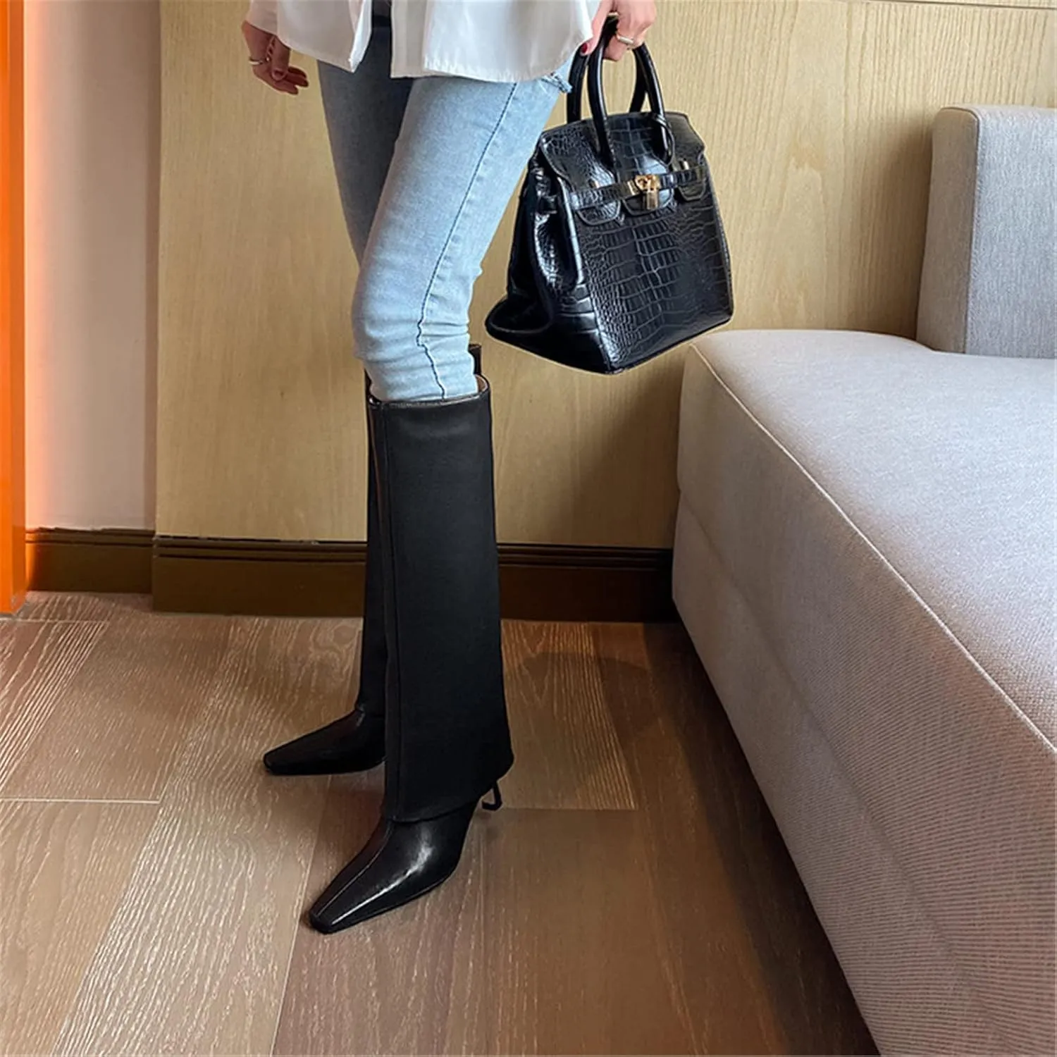 Goolita Women's Stiletto Heel Knee High Boots Square Toe Slip On Fold Over Boots For Women Leather Comfortable Dress Tall Boots