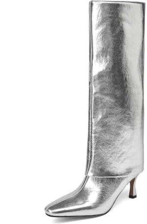 Goolita Women's Stiletto Heel Knee High Boots Square Toe Slip On Fold Over Boots For Women Leather Comfortable Dress Tall Boots
