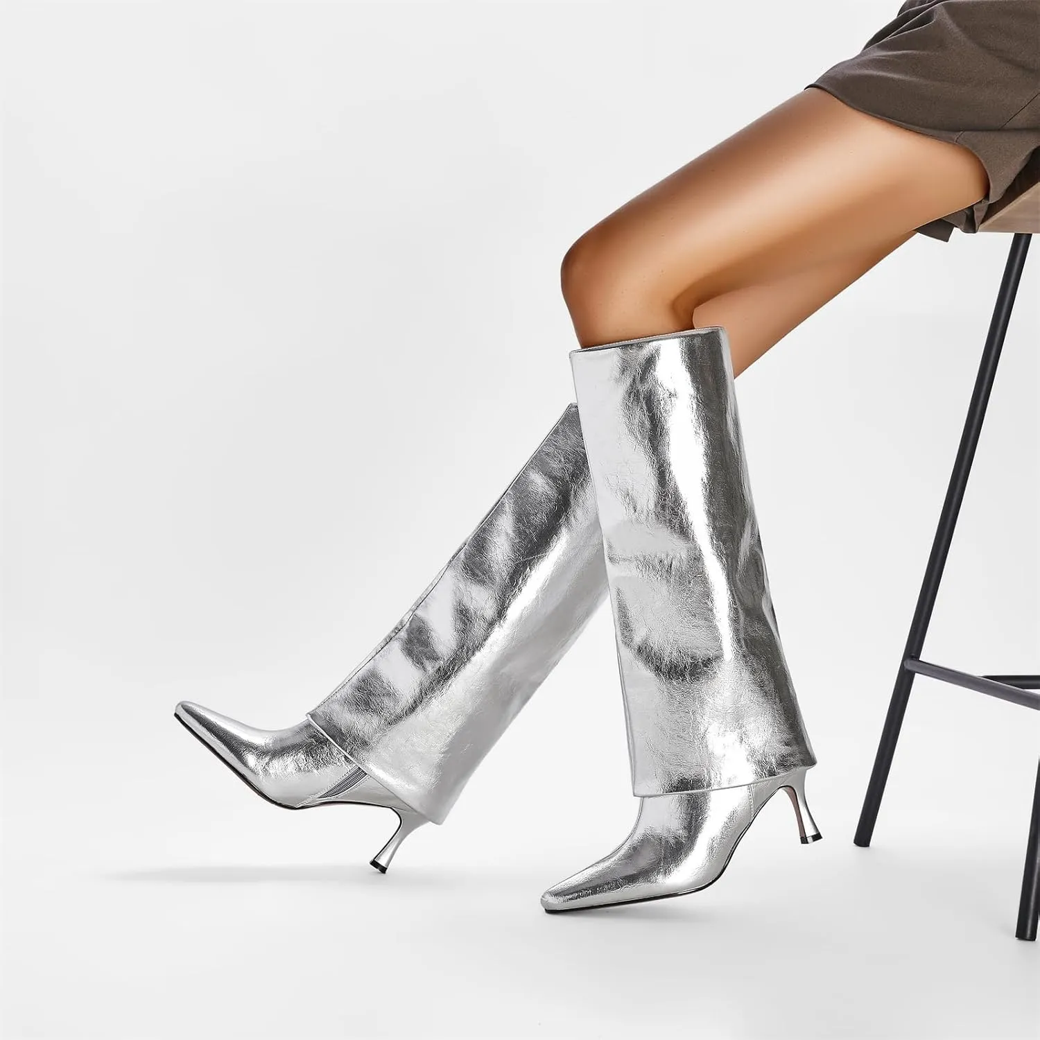 Goolita Women's Stiletto Heel Knee High Boots Square Toe Slip On Fold Over Boots For Women Leather Comfortable Dress Tall Boots