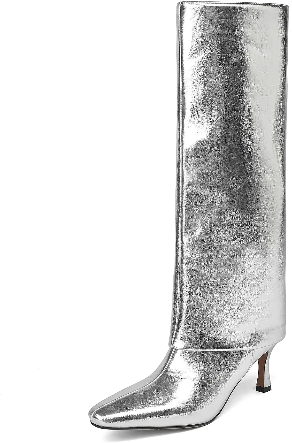 Goolita Women's Stiletto Heel Knee High Boots Square Toe Slip On Fold Over Boots For Women Leather Comfortable Dress Tall Boots