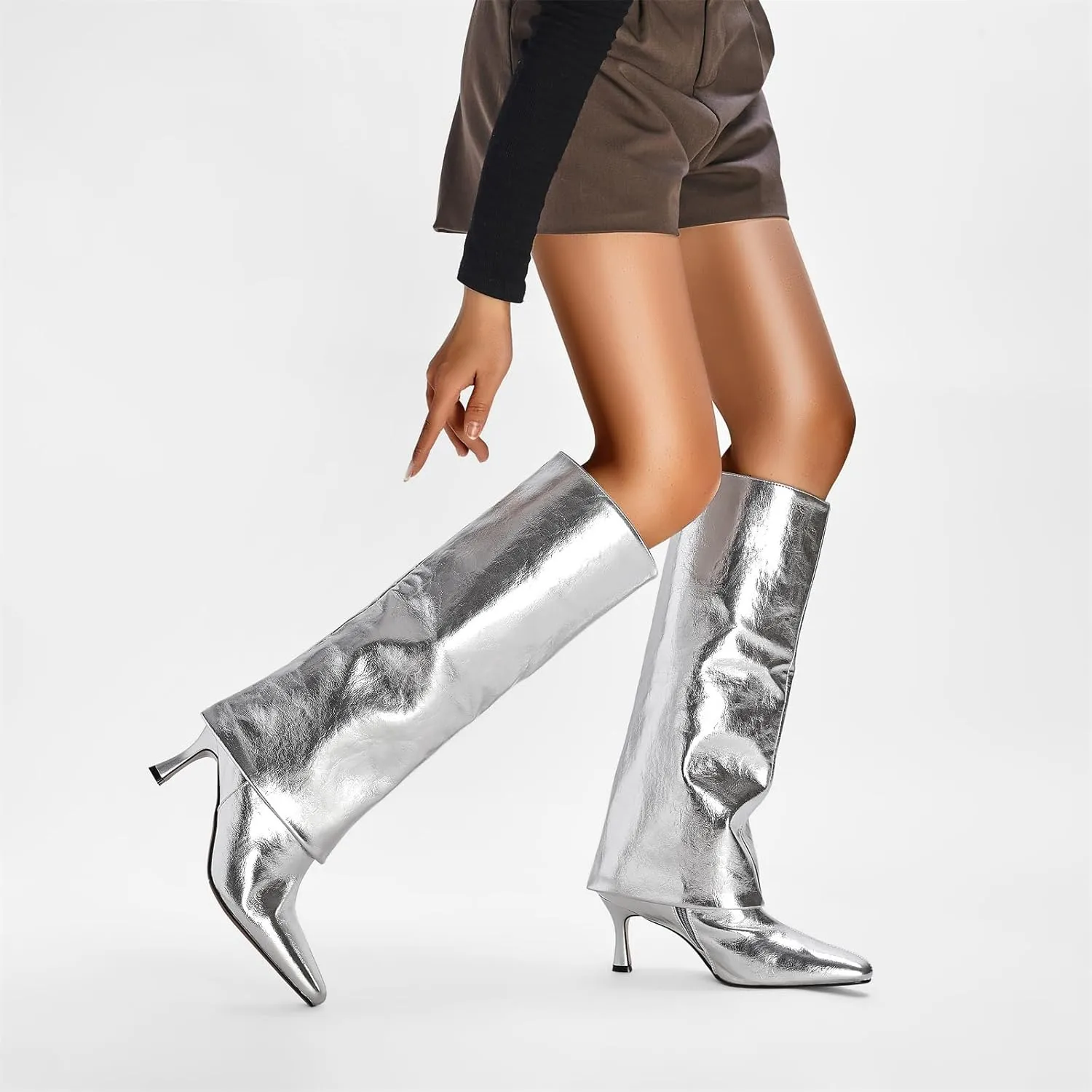 Goolita Women's Stiletto Heel Knee High Boots Square Toe Slip On Fold Over Boots For Women Leather Comfortable Dress Tall Boots