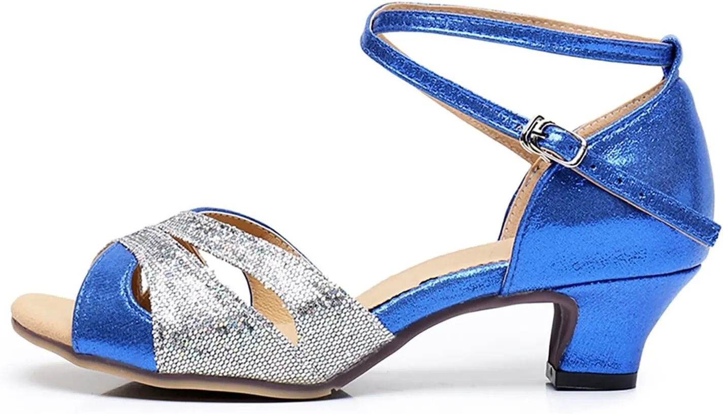 Hbeylia Rhinestones Dress Dance Shoes For Women Ladies Glittering Leather Peep Toe Kitten Low Block Ankle Strap Dressy Pump Ballet Flats Ballroom Latin Salsa Performance Dance Shoes