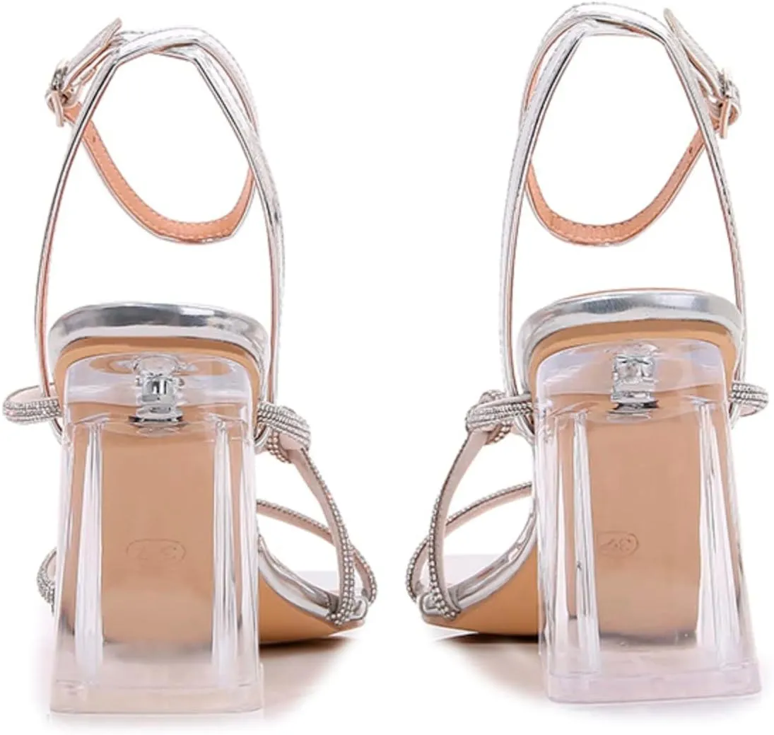 Hbeylia Women's High Heels Sandals Square Open Toe Crystal Rhinestone Strap Transparent Heel Sandals Ankle Strap Anti-slip Comfortable Pumps Sandals for Wedding Bride