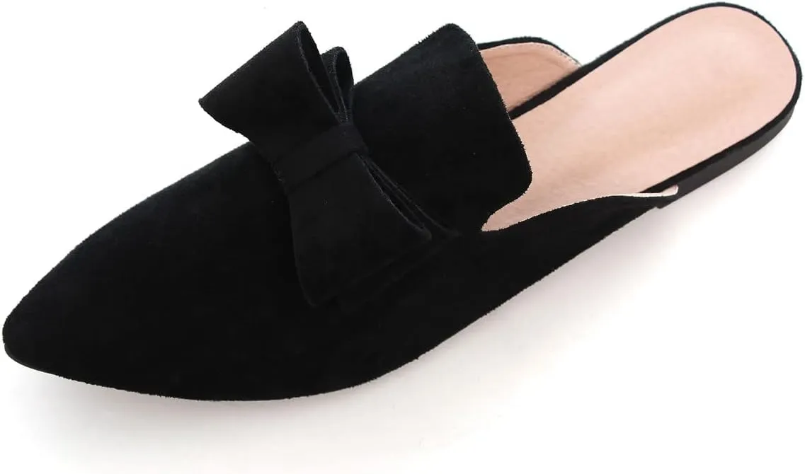 Hee grand Women's Mules Bowknot Suede Comfortable Slip On Flats Closed Pointed Toe Backless Loafers Mules for Women