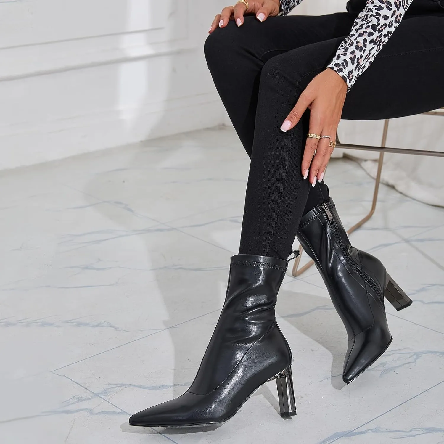 Heeled Booties Pointy Toe Boots for Women Black Ankle Booties High Heel Boots Stretch Boots with Heels for Women