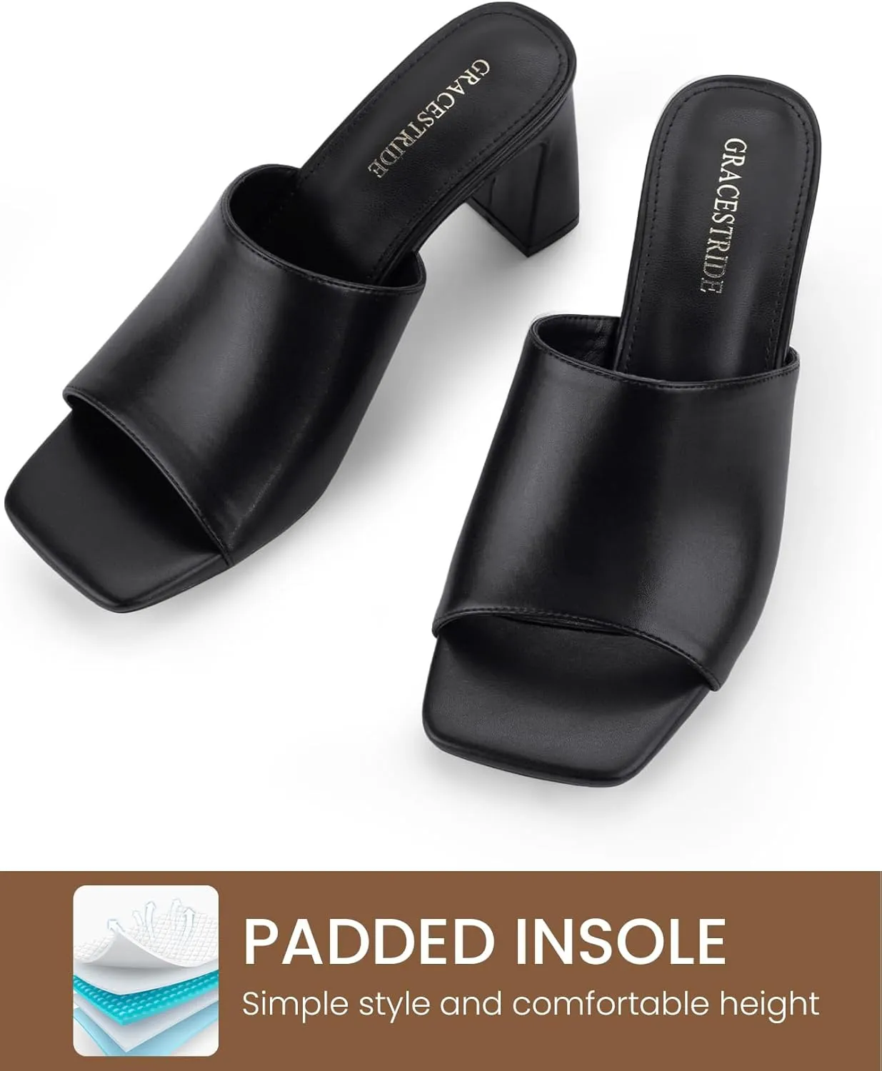 Heeled Sandals for Women Square Open Toe Heeled Mules Chunky Block High Heel Slip On Slides