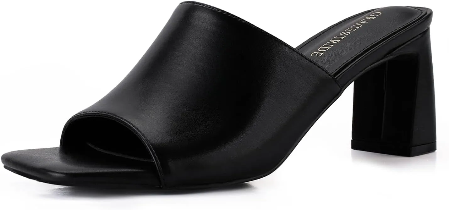 Heeled Sandals for Women Square Open Toe Heeled Mules Chunky Block High Heel Slip On Slides