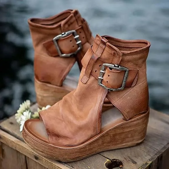 High Top Platform Sandals for Women Vintage Casual Fish Mouth Open Toe Buckle Hollow Chunky Wedge Booties Comfy Wedge Heel Roman Sandals (Brown,8)