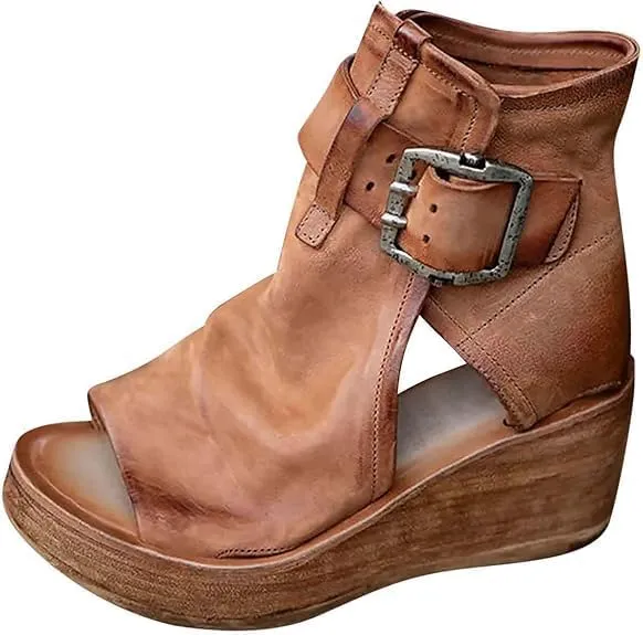 High Top Platform Sandals for Women Vintage Casual Fish Mouth Open Toe Buckle Hollow Chunky Wedge Booties Comfy Wedge Heel Roman Sandals (Brown,8)