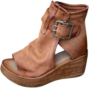 High Top Platform Sandals for Women Vintage Casual Fish Mouth Open Toe Buckle Hollow Chunky Wedge Booties Comfy Wedge Heel Roman Sandals (Brown,8)