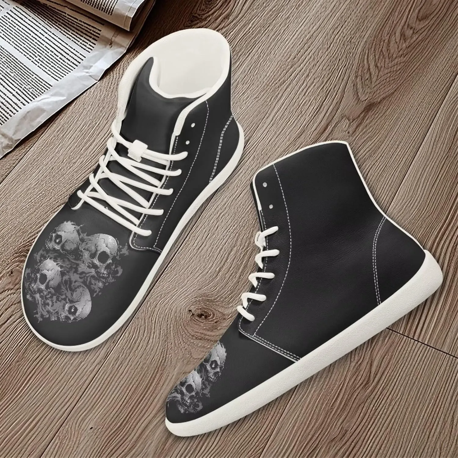 High Top Sneakers for Women Canvas Shoes Comfortable Flat Sneakers Casual Lace Up PU Leather White Sole
