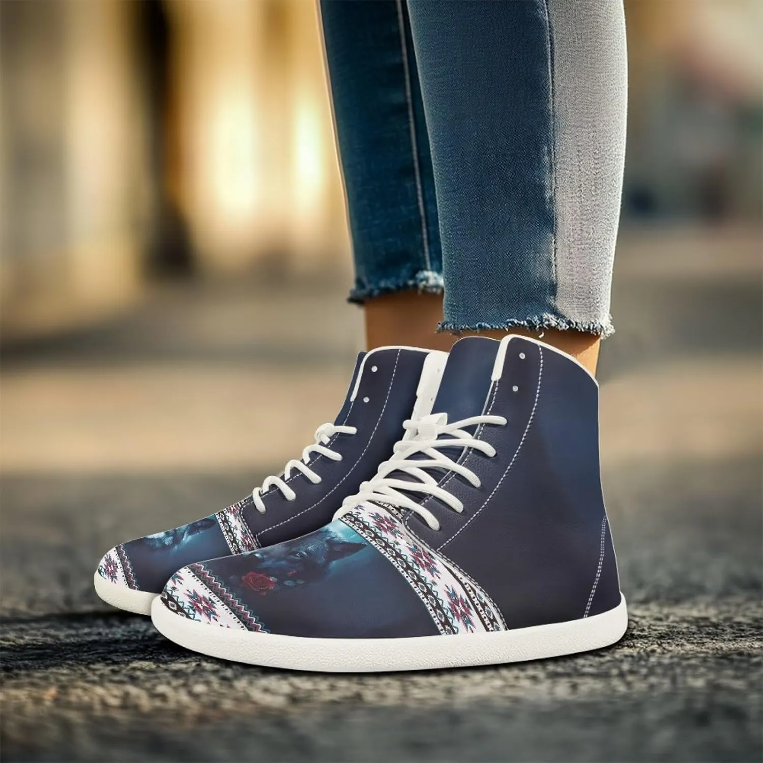 High Top Sneakers for Women Canvas Shoes Comfortable Flat Sneakers Casual Lace Up PU Leather White Sole
