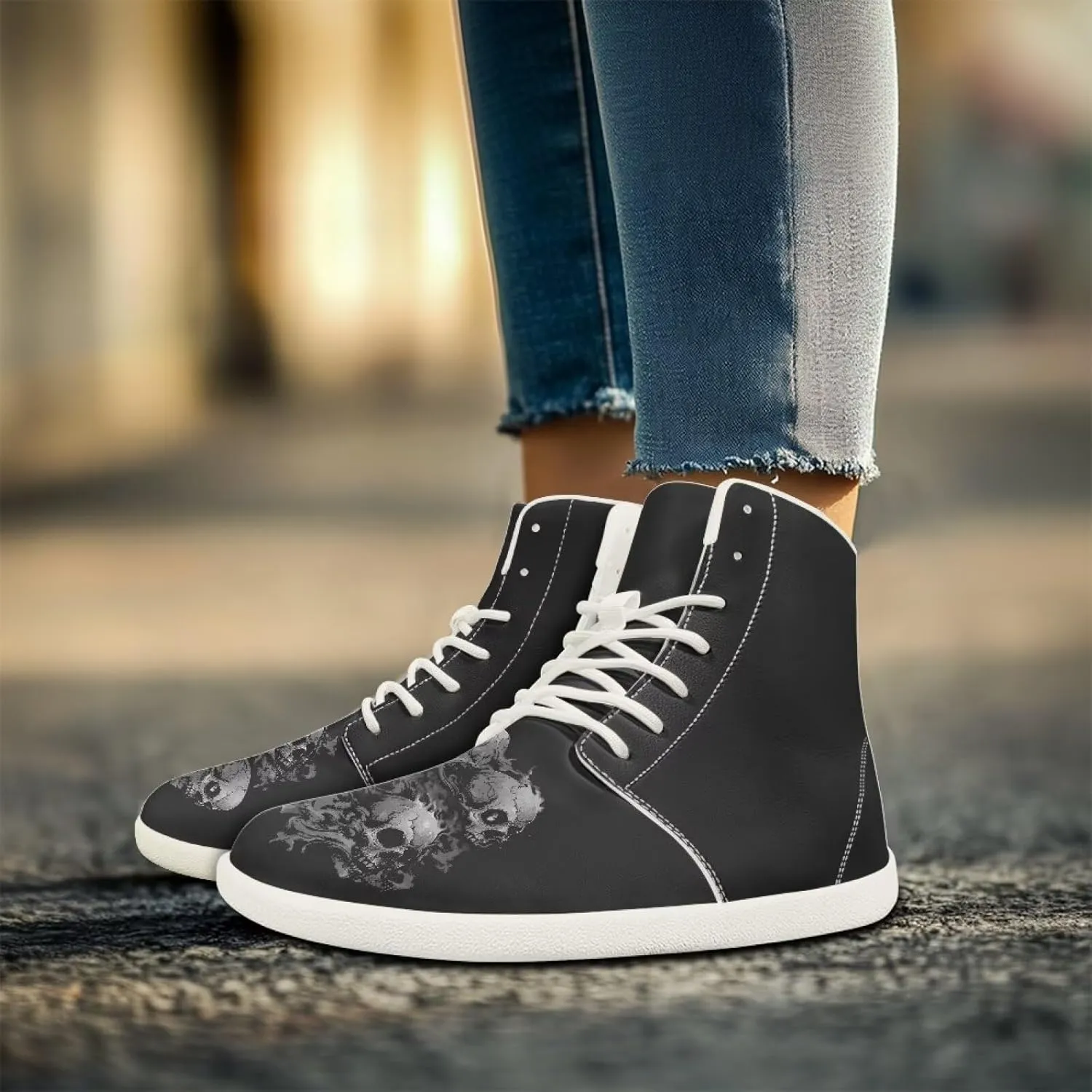 High Top Sneakers for Women Canvas Shoes Comfortable Flat Sneakers Casual Lace Up PU Leather White Sole