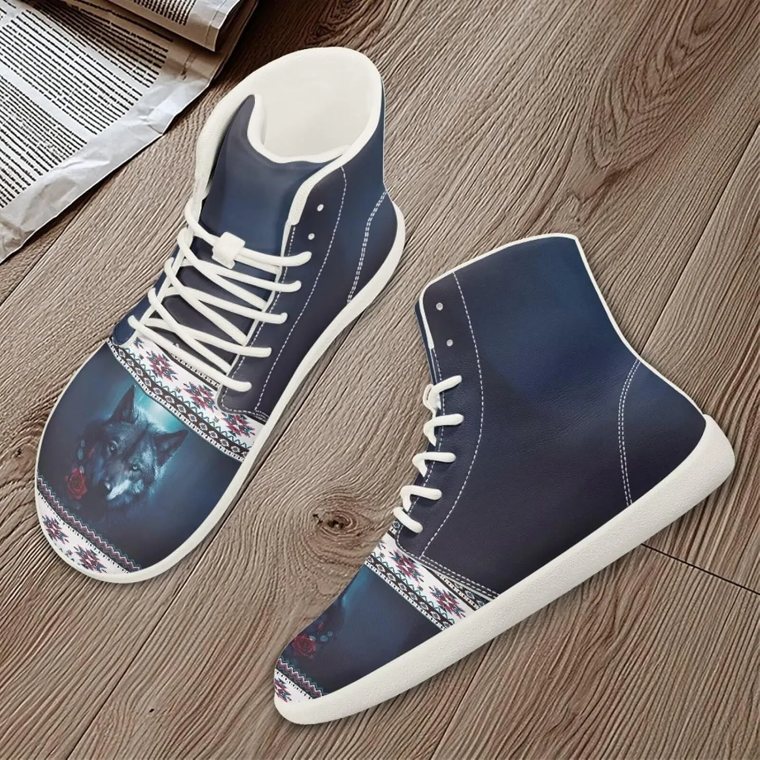 High Top Sneakers for Women Canvas Shoes Comfortable Flat Sneakers Casual Lace Up PU Leather White Sole