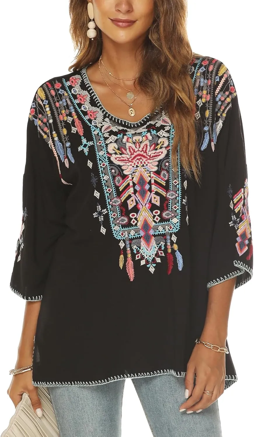 Higustar Mexican Embroidered Tops for Women Traditional Boho Tunics Bohemian Shirts Plus Size Peasant Clothes Blouses