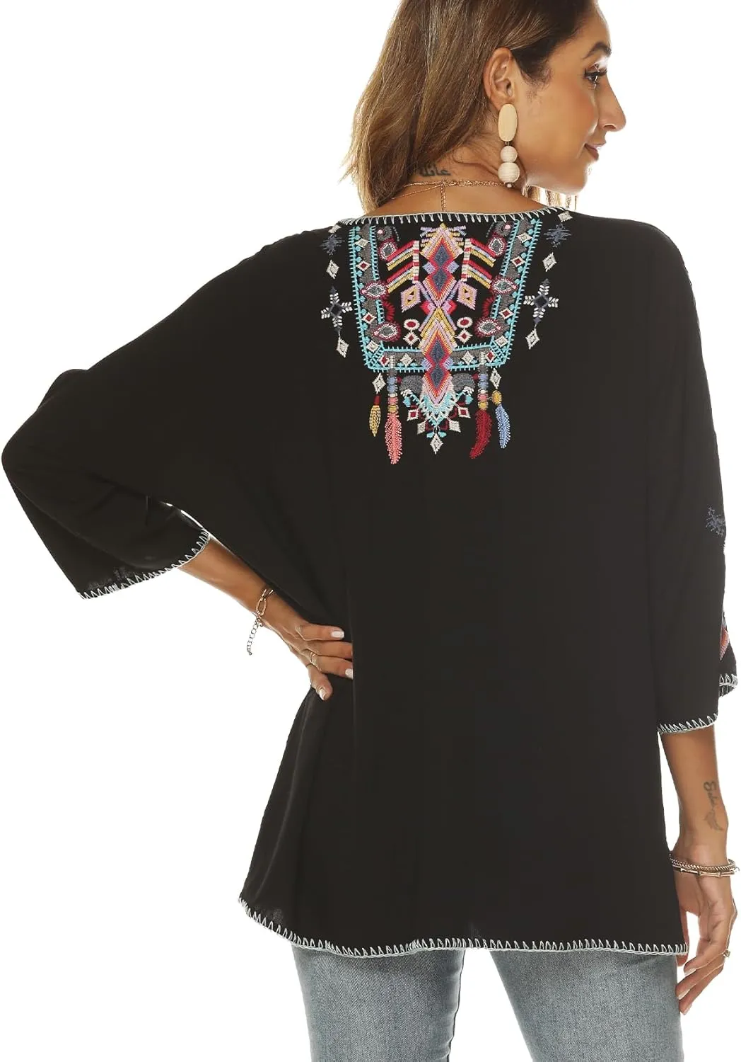 Higustar Mexican Embroidered Tops for Women Traditional Boho Tunics Bohemian Shirts Plus Size Peasant Clothes Blouses