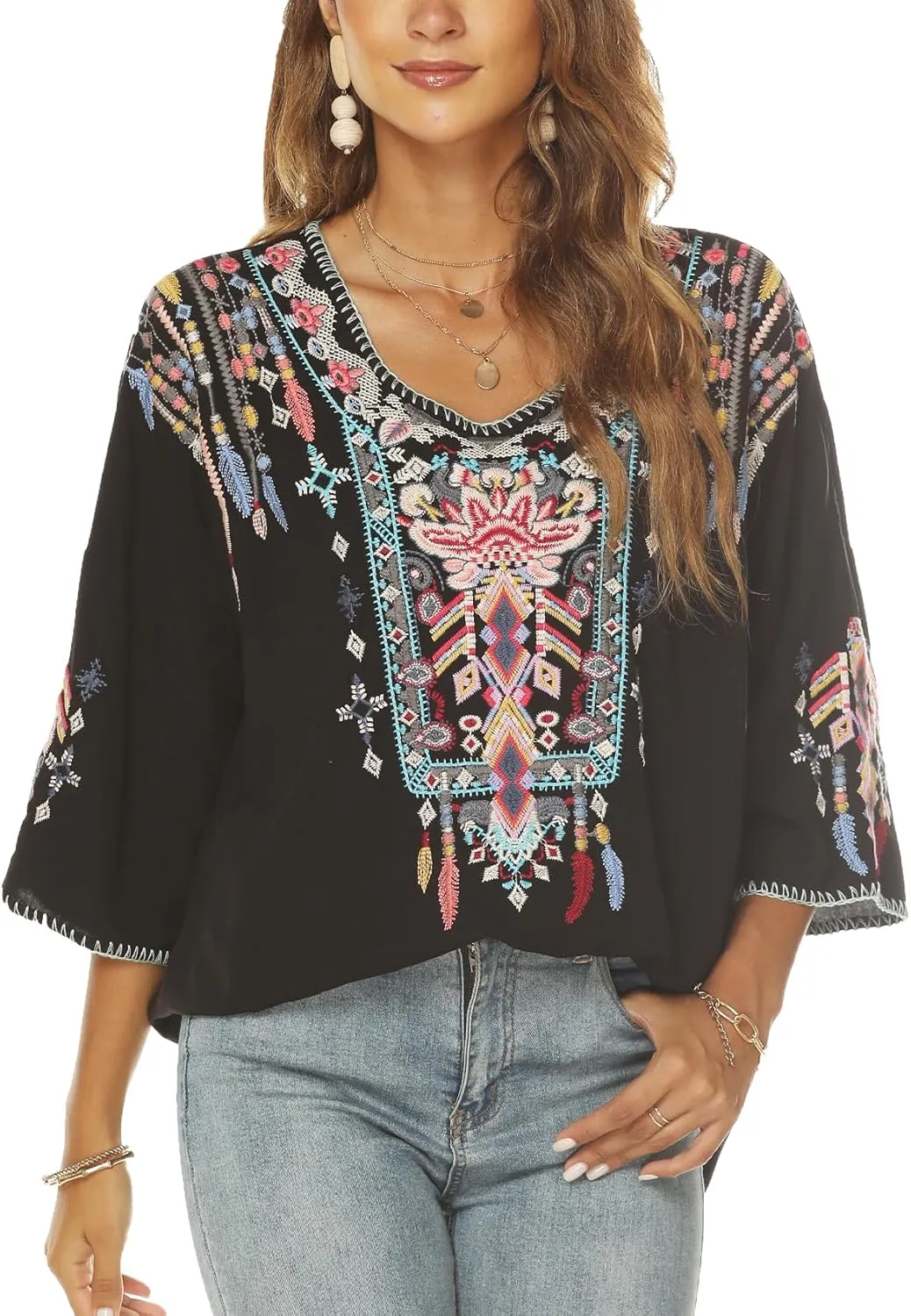 Higustar Mexican Embroidered Tops for Women Traditional Boho Tunics Bohemian Shirts Plus Size Peasant Clothes Blouses