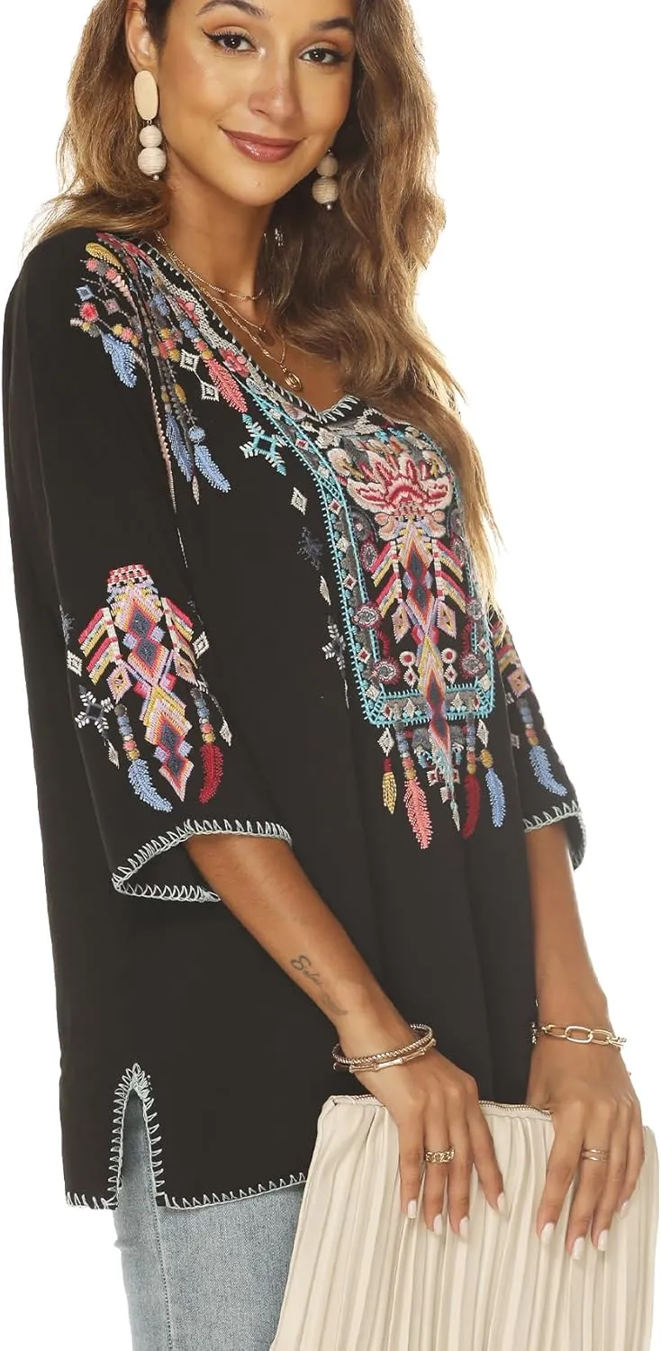 Higustar Mexican Embroidered Tops for Women Traditional Boho Tunics Bohemian Shirts Plus Size Peasant Clothes Blouses