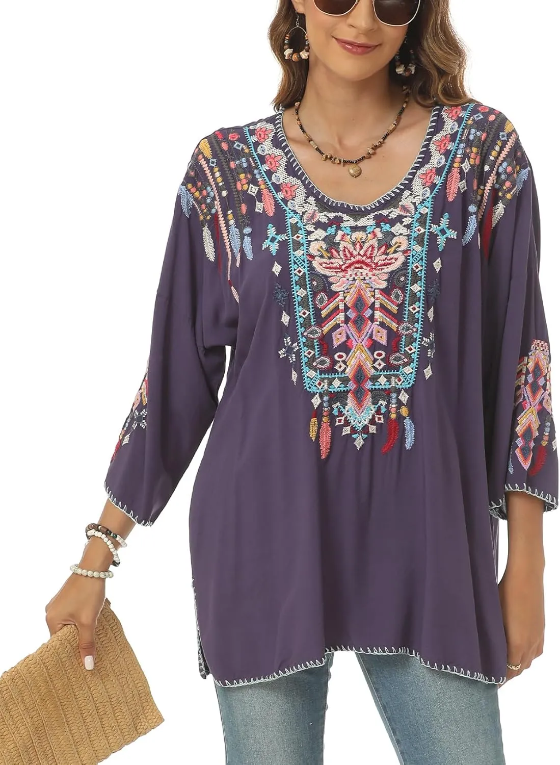 Higustar Mexican Embroidered Tops for Women Traditional Boho Tunics Bohemian Shirts Plus Size Peasant Clothes Blouses