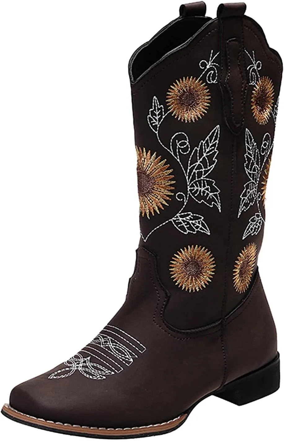 HINDOLA Cowboy Boots for Women Mid Calf Cowgirl Western Boots Sunflower Embroidery Stitched Square Toe Low Heel Wedding Boots