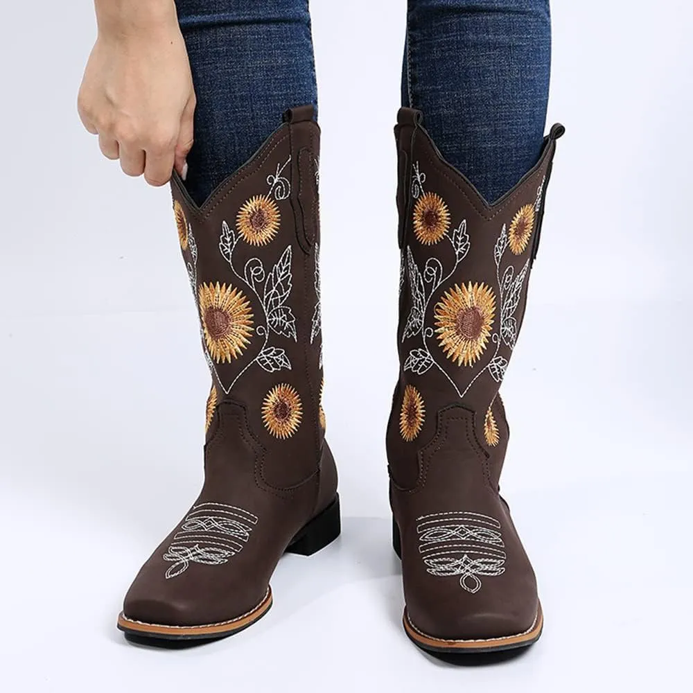 HINDOLA Cowboy Boots for Women Mid Calf Cowgirl Western Boots Sunflower Embroidery Stitched Square Toe Low Heel Wedding Boots