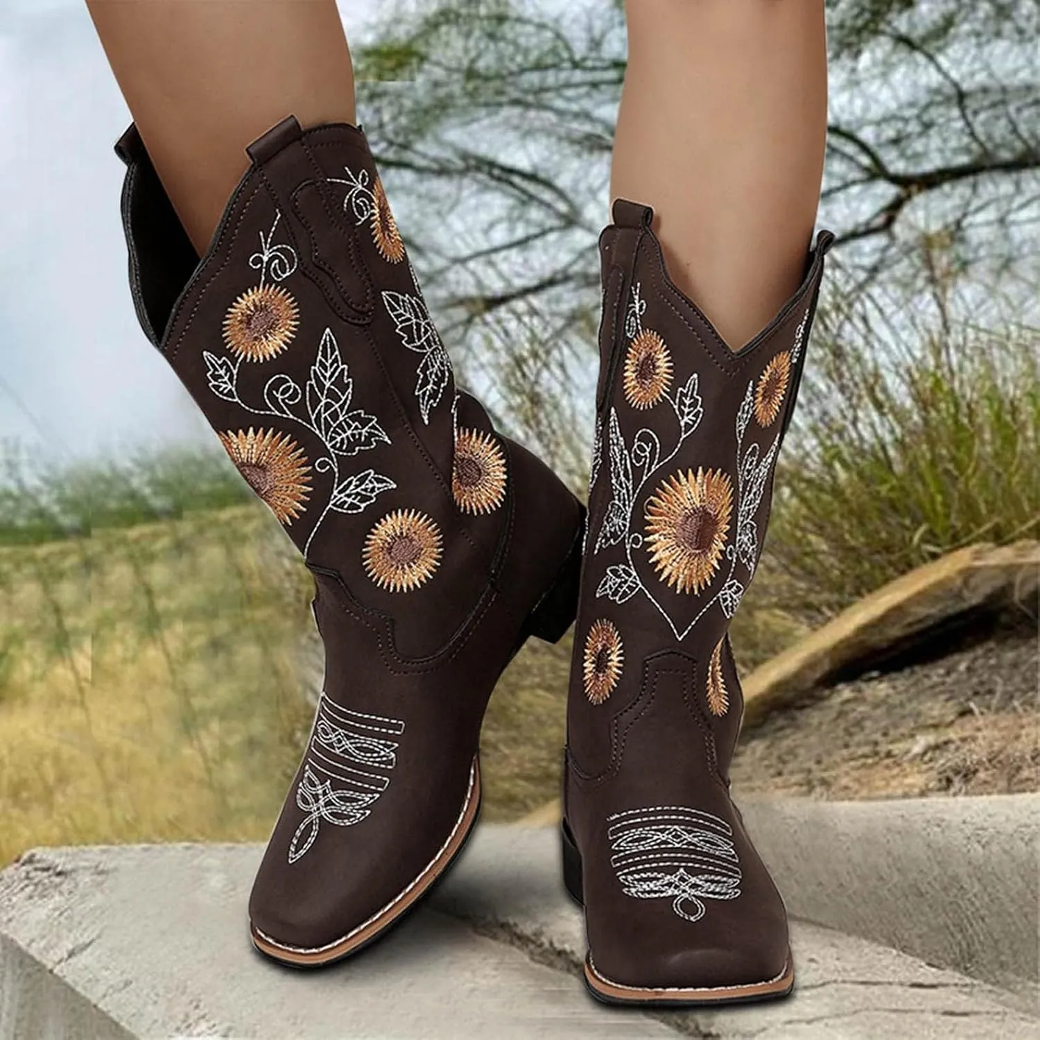 HINDOLA Cowboy Boots for Women Mid Calf Cowgirl Western Boots Sunflower Embroidery Stitched Square Toe Low Heel Wedding Boots