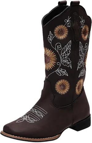 HINDOLA Cowboy Boots for Women Mid Calf Cowgirl Western Boots Sunflower Embroidery Stitched Square Toe Low Heel Wedding Boots